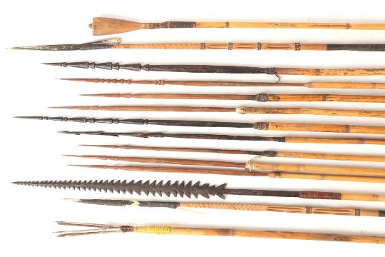 FOURTEEN BAMBOO SPEARS, PAPUA NEW GUINEA Including barbed spears and ...