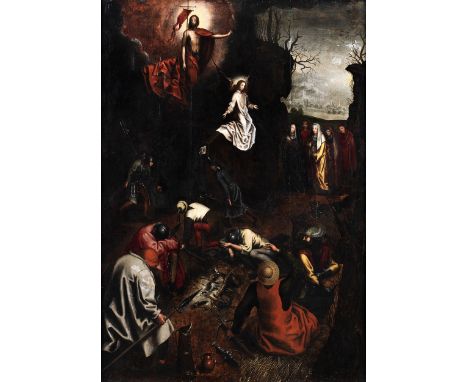 Pieter Baltens, um 1527 Antwerpen – 1584 ebendaAuferstehung ChristiÖl auf Eichenholz. Alte Weichholz-Parkettierung.107 x 73,8