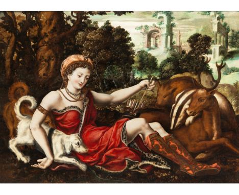 Französischer Meister, um 1570DIANA MIT TIEREN BEI DER RASTÖl auf Eichenholz.69 x 93 cm.Die antike Jagdgöttin Diana war in de