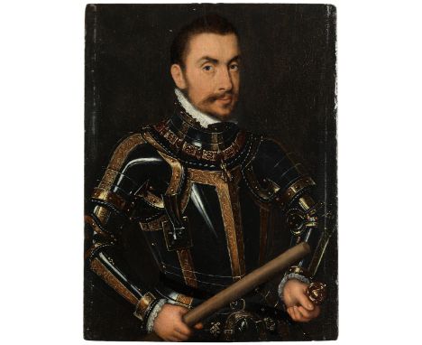 Antonio Moro, 1512/19 Utrecht – 1575/77 Antwerpen, UmkreisPortrait eines geharnischten MannesÖl auf Holz.35 x 25,5 cm.In mit 
