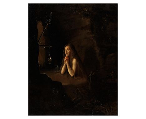 Deutscher Meister des 17. JahrhundertsDie betende Maria Magdalena in der EinödeÖl auf Holz.55 x 42 cm.In dekorativem Rahmen.B