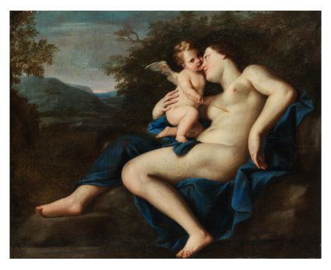 Carlo Cignani, 1628 Bologna – 1719, zug.Venus und CupidoÖl auf Leinwand.57 x 72 cm.Die Liebesgöttin unbekleidet, auf einem bl