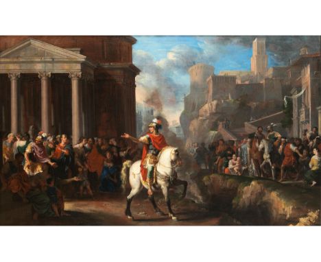 Johann Heiss, 1640 Memmingen – 1704 Augsburg, MARCUS CURTIUS STÜRZT SICH IN DEN ABGRUNDÖl auf Leinwand. Doubliert.103 x 169 c