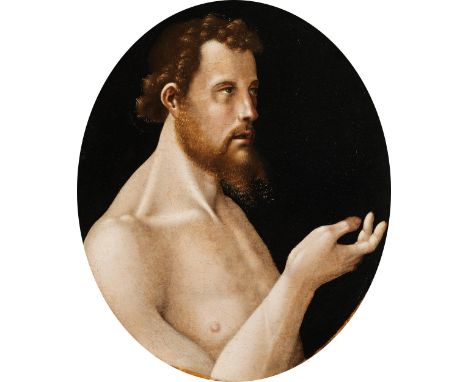 Nürnberger Meister, um 1500/1520Portrait eines Mannes nach rechtsÖl auf Holz.45 x 38 cm.Im Hochoval vor schwarzem Hintergrund