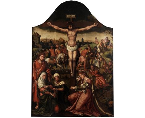 Frans Floris d. Ä., um 1516 Antwerpen – 1570 ebenda, zug.KalvarienbergÖl auf Holz.105 x 72,5 cm.Um 1550.Oben halbrund eingezo