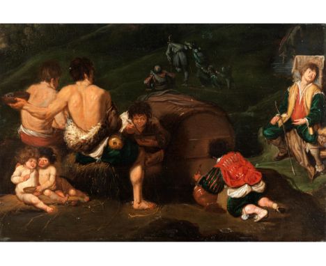 Simon de Vos, 1603 Antwerpen – 1676 ebendaDie Kinder des BacchusoderAllegorie – Wohlstand und Armut durch den Wein Öl auf Eic