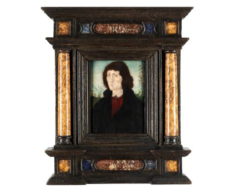 Deutsche Schule des 16. Jahrhunderts oder späterBRUSTPORTRAIT EINES MANNESÖl auf Holz.22 x 18,5 cm.In Ädikularahmen mit Pietr