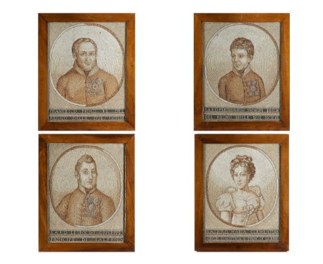 Vier seltene MuschelportraitsSichtmaß jeweils: 50,5 x 40 cm.Rahmenmaß jeweils: 60 x 50 cm.Sizilien, 19. Jahrhundert.Jeweils i