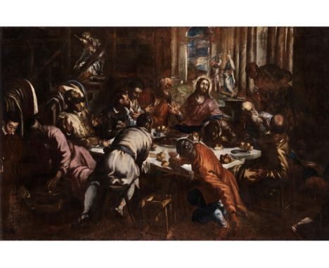 Jacopo Tintoretto, 1518 Venedig – 1594 ebendaDas letzte AbendmahlÖl auf Leinwand. Doubliert.142 x 220 cm.Ungerahmt.Das hier a