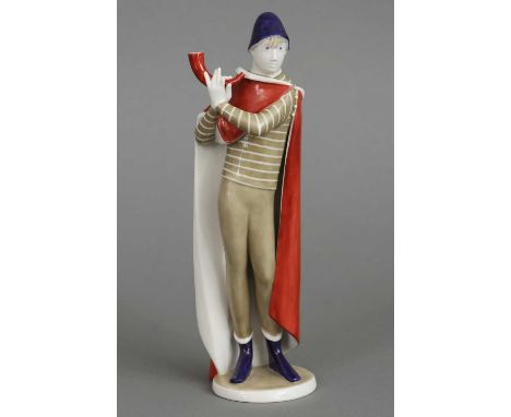 NYMPHENBURG Porzellanfigur "Junge mit Horn" aus der Serie "Jahreszeiten" 2. Hälfte 20. Jahrhunderts, Entwurf JOHANNA KÜNZLI, 