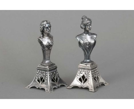 2 WMF Petschaften des Jugendstil Zinn mit Resten alter Versilberung, Griffe der Petschaften in Form allegorischer Büsten, je 