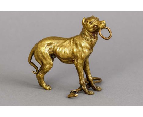 Bronzefigur des 19. Jahrhunderts "Kettenhund" vergoldet, stehende Darstellung mit Ring und Peitsche, ungemarkt, H ca. 8cm, 25