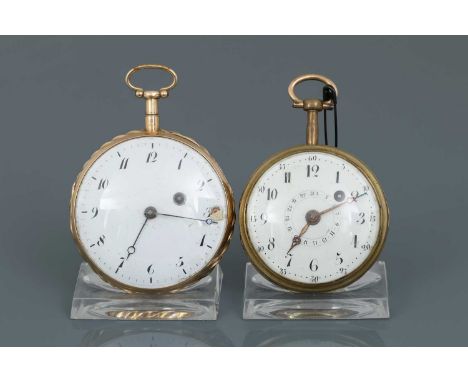 2 Taschenuhren des 18. Jahrhunderts mit Emailleminiaturen 1x AMATRIC à Geneve, um 1790, vergoldetes Kupfergehäuse (D 50mm), w