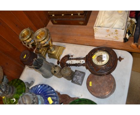 A pair of brass and enamel twin handled vases; a Kashmiri carved wooden string box; a pewter tankard; a walnut barometer etc.