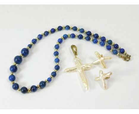 LAPIS LAZULI ETC. A lapis lazuli graduated bead necklace & a baroque pearl cruciform pendant with 9ct. gold hinged bale & a p