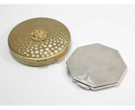 POWDER COMPACTS. A gold tone large powder compact by Yardley, 8cm. Also, an Art Deco silver engine turned compact, initialled