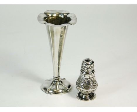 SPILL VASE ETC. An Edwardian weighted silver spill vase by Hutton & Sons. Also, a Victorian pepperette, Birmingham 1892.  Ple