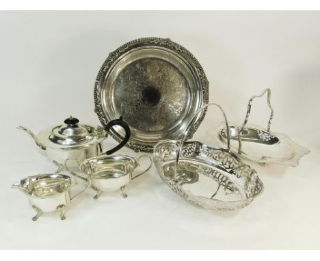 TEA SERVICE ETC. An EPNS three piece tea service, a large Viners silver plated circular dish & two baskets.  Please note that