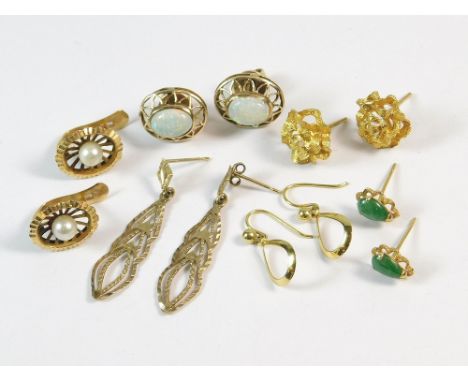 OPAL EARRINGS ETC. A pair of 18ct. gold opal ear studs & five other pairs of earrings, all in yellow metal, some stamped.  Pl