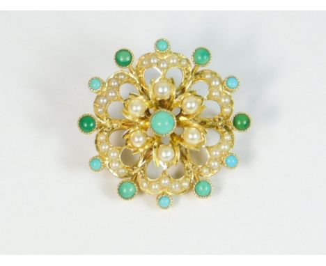 TURQUOISE & PEARL. A yellow metal turquoise & half pearl brooch, with removable pin to convert to a pendant. Diameter 3cm.  P
