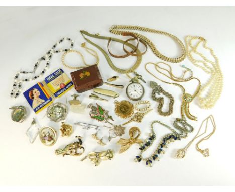 COSTUME JEWELLERY ETC. Costume jewellery in paste & faux pearl, including Limoges. Also, an 800 standard fob watch, a small p