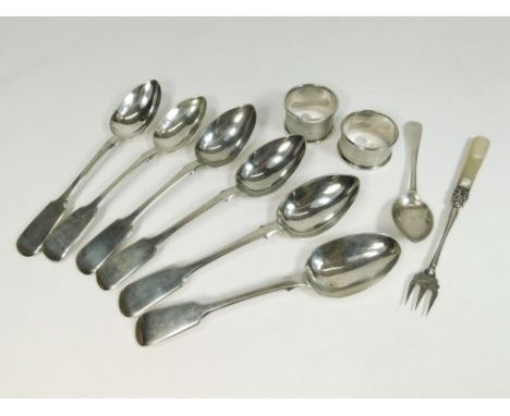 SILVER SPOONS ETC. A Victorian harlequin set of six fiddle pattern dessert spoons. Also, two engine turned silver napkin ring