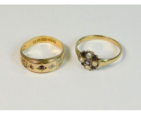 VICTORIAN RINGS. A Victorian amethyst & split pearl cruciform ring & one other Victorian ring, set a garnet & one diamond, ot