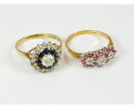 DRESS RINGS. Two 9ct. gold dress rings. The ruby ring size P, the cluster ring size Q/R.  Please note that all items in this 