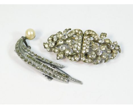 DRESS CLIPS. A European 935 standard marcasite & faux pearl dress clip. Also, a paste set double dress clip, 5cm.  Please not