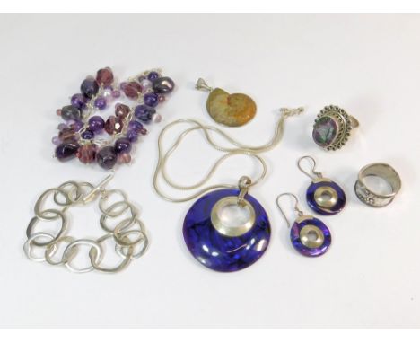 SILVER BRACELETS ETC. A silver amethyst & lilac pearl bracelet & one other contemporary bracelet with T-bar. Also, a dyed aba