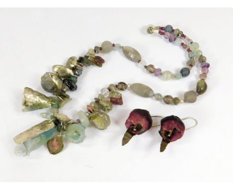 DAISY DUNLOP. A Daisy Dunlop carved resin, silver & bead flower necklace & a pair of similar earrings.  Please note that all 