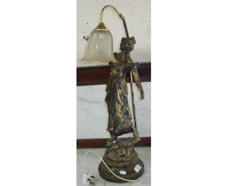 Early 20th C bronze table lamp in the form of a semi clad female, signed to the base L. F. M???