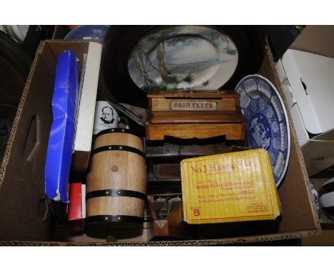 Number 2 Hawk Eye camera in original box, a Fairylight wooden toy piano, folding opera glasses, collectors plates, metronome,