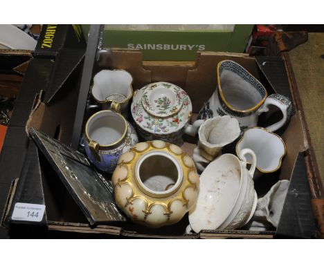 Royal Worcester Blushware 1312 pot (missing lid) with hand painted thistle pattern and gilt detailing, a transfer printed jug