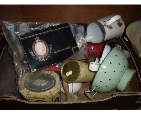 Box of assorted tins, enamel ware, Black Magic card chocolate box, boot stretchers, leather gator's etc 