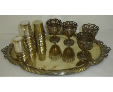 French silver plated tray and selection of shot tumblers