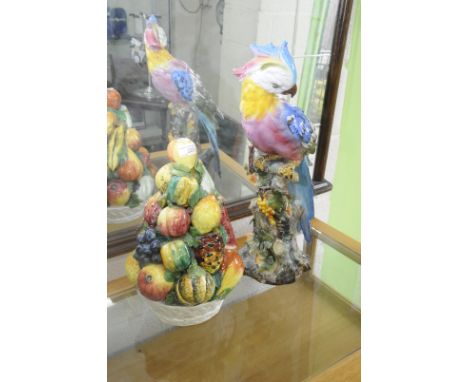 Extremely large decorative ceramic figure of a parrot and another similar group of fruit (2)
