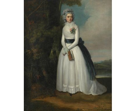 English School Late 18th Century Portrait of Anne Jewell, nιe Edwards, in a white dress with blue sash, standing in a landsca