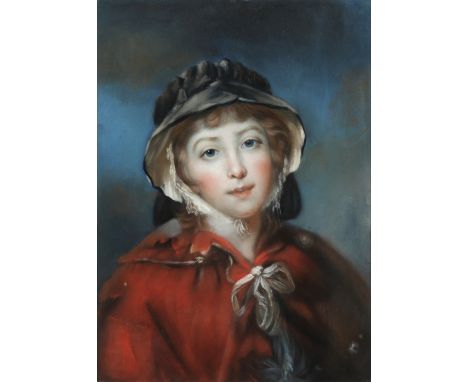 Circle of John Russell RA (1745-1806) Portrait of a girl, bust length, in a red cape and black bonnet Pastel 54.7 x 39.6cm; 2