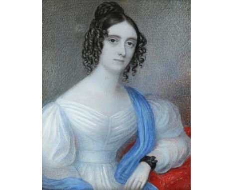 λEnglish School 19th Century Portrait miniature of a gentleman in a black coat; Portrait miniature of a lady in a white dress