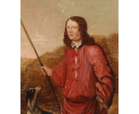 Attributed to Albert Cuyp (Dutch 1620-1691) Portrait of a young man, standing in a landscape, wearing red, with his dog Oil o