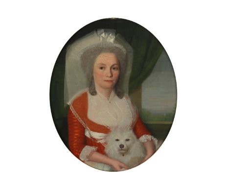 English School 18th Century Portrait of a lady in a red dress and veil, sitting by a window with a dog Oil on canvas in a pai