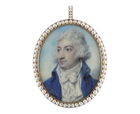 λRichard Cosway RA (1742-1821) Portrait miniature of a gentleman in a blue coat with gold buttons Oval, in a gilt metal frame