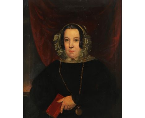 English School 19th Century Portrait of a lady in a black dress and white bonnet holding a book Oil on canvas 75 x 62cm; 29½ 