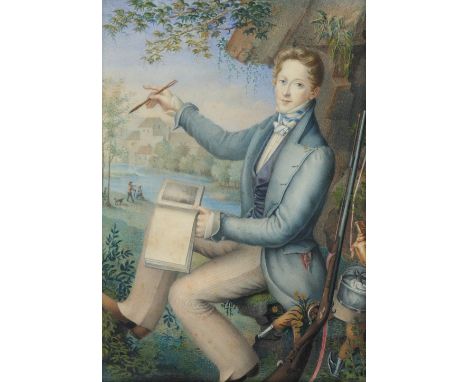 Attributed to Giovanni Battista Canevari (Italian 1789-1876) Portrait miniature of a young man sitting in a landscape sketchi