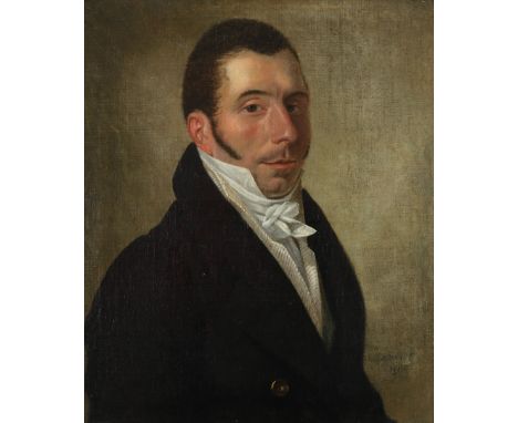 French School 19th Century Portrait of a gentleman in a black coat, striped waistcoat and white stock Indistinctly signed, po