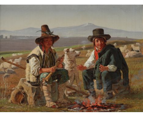 Martinus Rψrbye (Danish 1803-1848) Two shepherd boys in the Roman Campagna Dated 1835 and inscribed Roma Oil on paper laid on