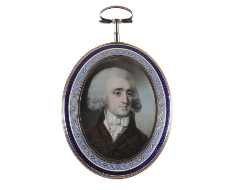 λGeorge Engleheart (1750-1829) Portrait miniature of a gentleman with powdered hair, brown coat and white stock Oval, in a gi