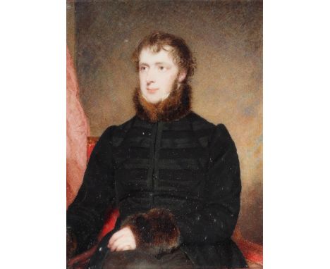 λEnglish School c.1840 Portrait miniature of Sir John Powlett Orde, 2nd Baronet, in a black coat with fur collar and cuffs Re