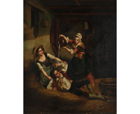 19th Century Continental School Two women soaking a young man with a pitcher of water, in a stable Oil on tin 24.3 x 20.8cm; 